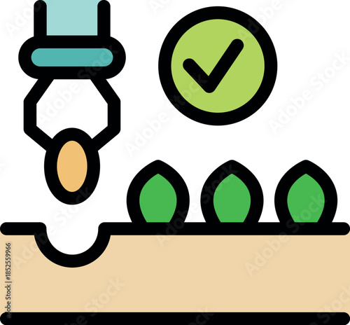 Automated farming process planting seeds with robotic arm and checkmark, innovative agricultural technology