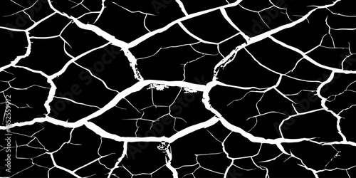Abstract black cracked texture with white fracture lines, resembling dry soil or shattered surface. High contrast, minimal design, sharp details, seamless pattern, clean background, studio lighting.