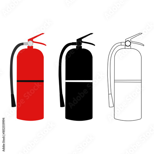 Collection of Fire Extinguisher Icons. Fire extinguisher icon set featuring colored, outline, and silhouette styles. Suitable for fire safety signage, emergency instructions, infographics, mobile apps