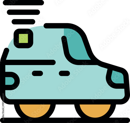 Self driving delivery van moving fast with rotating emergency light on the roof, autonomous vehicle delivering packages quickly and efficiently