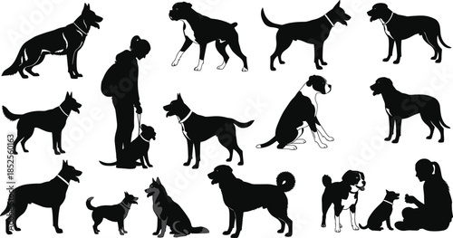 Dog silhouettes collection with human interaction, pet training, walking, sitting, standing, diverse breeds, vector illustration for animal lovers, domestic dogs, companionship