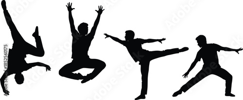 Dynamic dance silhouettes, acrobatic poses, energetic movement, artistic performance, expressive body motion, modern choreography, fitness, sport, creativity, vector illustration, 