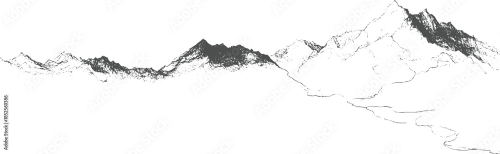Obraz premium Panoramic view of jagged mountain range with winding river below in monochrome peaks landscape