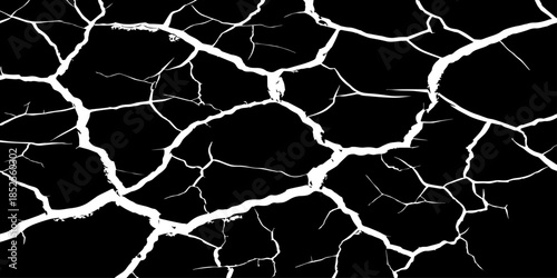 Abstract black cracked texture with white fracture lines, resembling dry soil or shattered surface. High contrast, minimal design, sharp details, seamless pattern, clean background, studio lighting.