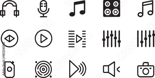 Melody of Sound Icons: A compilation of minimalist music-themed icons, depicting an array of tools and symbols essential to audio production and enjoyment. 