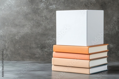 Stacked Books with Blank Box on Top Against Textured Gray Background for Creative Use