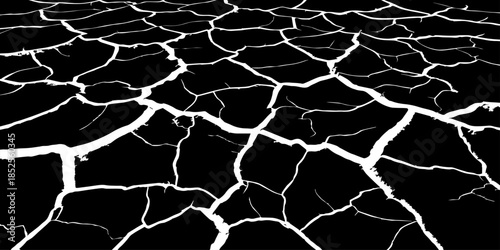 Abstract black cracked texture with white fracture lines, resembling dry soil or shattered surface. High contrast, minimal design, sharp details, seamless pattern, clean background, studio lighting.