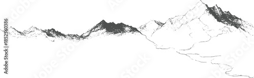 Panoramic view of jagged mountain range with winding river below in monochrome peaks landscape