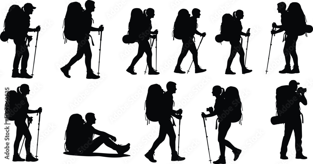 Obraz premium Hiking silhouettes vector illustration, trekking backpackers with poles, outdoor adventure people walking, standing, sitting, photographing, mountain exploration, camping, travel, tourism, nature