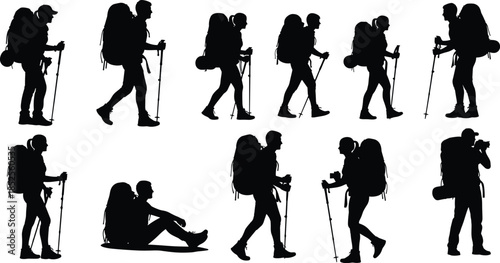 Hiking silhouettes vector illustration, trekking backpackers with poles, outdoor adventure people walking, standing, sitting, photographing, mountain exploration, camping, travel, tourism, nature