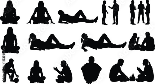 Human silhouettes vector illustration, people in casual poses, sitting, standing, talking, squatting, lying down, social interaction, communication, posture, lifestyle design