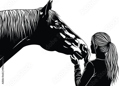 Horse illustration, human connection, black and white vector art, equestrian bond, animal love, touching moment, ponytail girl, emotional artwork, tenderness, friendship