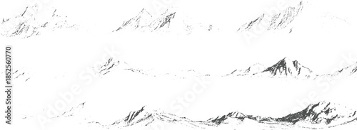 Monochromatic mountain range landscape with jagged peaks and textured slopes black