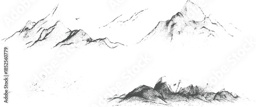 Four distinct dot mountain range landscapes in grayscale