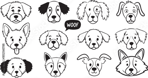 Minimal hand-drawn dog face doodle set, black ink line art, cute cartoon puppies with different expressions and ear shapes, loose sketch strokes, simple 2D illustration on soft pastel background .
