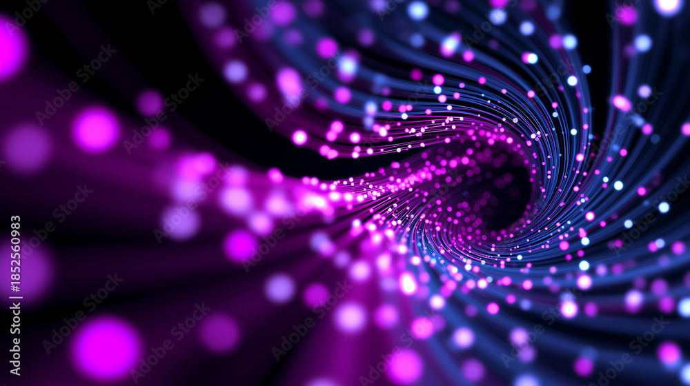 Fototapeta premium Abstract futuristic tunnel of glowing purple particles forming a dynamic digital background.