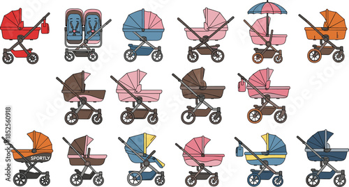 Large collection of colorful baby stroller and pram vector icons in various styles for infant transportation parenting and nursery concepts
