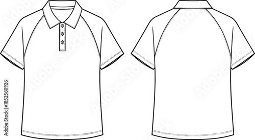 Polo shirt flat sketch, fashion CAD drawing, vector illustration apparel design, raglan sleeve polo, garment construction technical template, clothing mockup