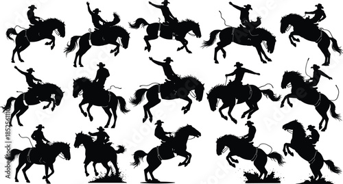 Rodeo cowboy silhouette vector illustration, bucking horse rider artwork, western culture sport scene, dynamic equestrian action, wild west tradition design