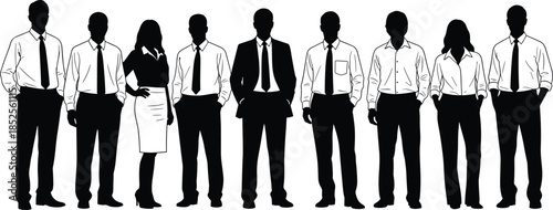 Business team silhouettes, corporate group, professional attire, office workers, teamwork illustration, diversity, men and women, corporate environment, staff unity