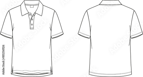Short sleeve polo shirt technical flat sketch, front and back view, fashion design template, garment illustration, vector apparel drawing, clothing mockup