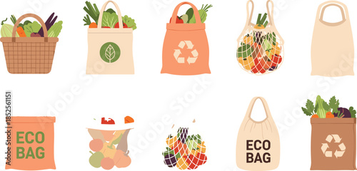 Collection of reusable eco friendly grocery bags and shopping baskets filled with fresh organic vegetables for sustainable lifestyle and recycling concepts