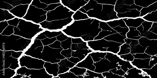 Abstract black cracked texture with white fracture lines, resembling dry soil or shattered surface. High contrast, minimal design, sharp details, seamless pattern, clean background, studio lighting.