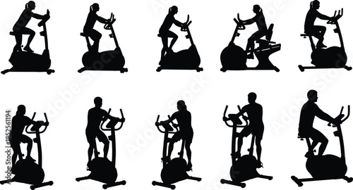 Silhouette people exercising on stationary bikes and elliptical machines, fitness workout illustration, cardio training vector art for gym, health, wellness, lifestyle