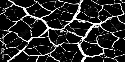 Abstract black cracked texture with white fracture lines, resembling dry soil or shattered surface. High contrast, minimal design, sharp details, seamless pattern, clean background, studio lighting.