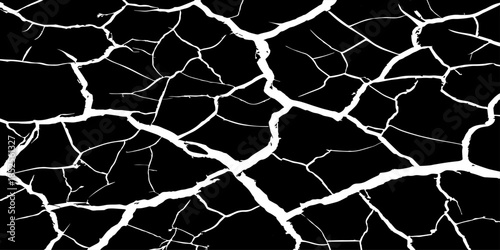 Abstract black cracked texture with white fracture lines, resembling dry soil or shattered surface. High contrast, minimal design, sharp details, seamless pattern, clean background, studio lighting.