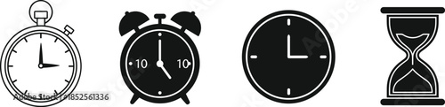 Set of black time and clock icons including stopwatch alarm clock wall clock and hourglass for schedule management and deadline concepts