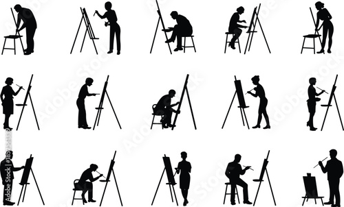 Silhouettes of artists painting on easels, creative people, art students, painters at work, artistic poses, drawing activity, studio inspiration