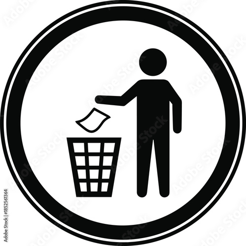 Stick figure throwing paper in trash bin icon, waste disposal symbol, environmental responsibility, clean behavior, black and white vector, circular design