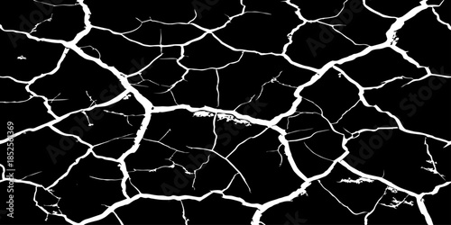 Abstract black cracked texture with white fracture lines, resembling dry soil or shattered surface. High contrast, minimal design, sharp details, seamless pattern, clean background, studio lighting.