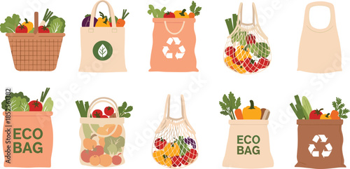 Collection of eco friendly reusable grocery bags and shopping baskets filled with fresh organic vegetables for sustainable lifestyle and zero waste concept