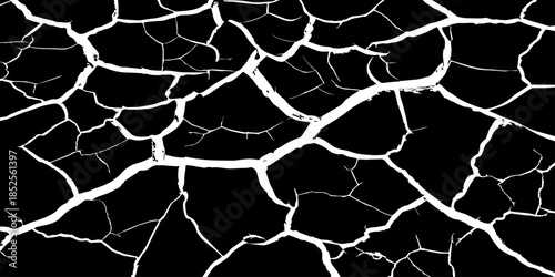 Abstract black cracked texture with white fracture lines, resembling dry soil or shattered surface. High contrast, minimal design, sharp details, seamless pattern, clean background, studio lighting.
