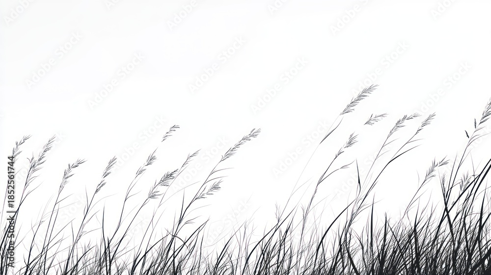 Obraz premium Minimalist monochrome image of tall grass blowing in the wind against white background