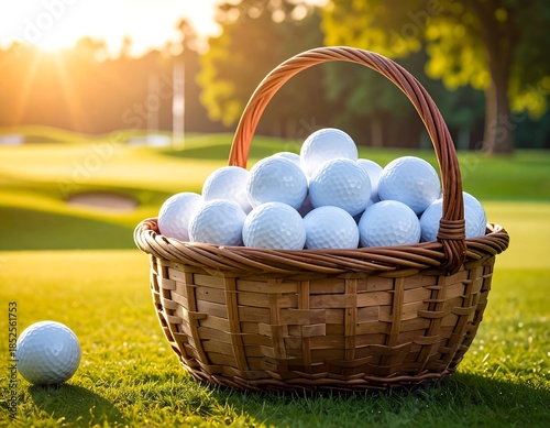 A woven basket overflowing with golf balls on lush, green grass