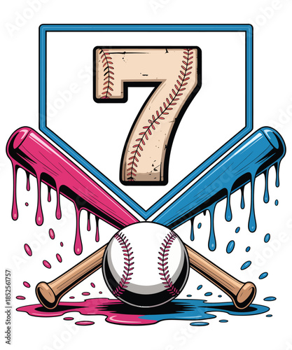 Dripping paint baseball t shirt design with number 7 and crossed bats graphic art