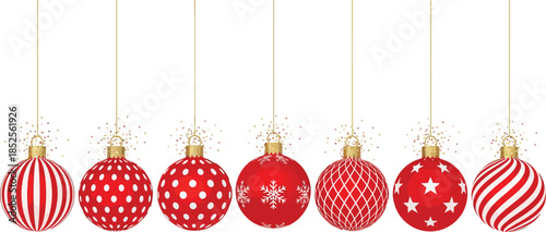 Seven red and white christmas ornaments hanging on strings