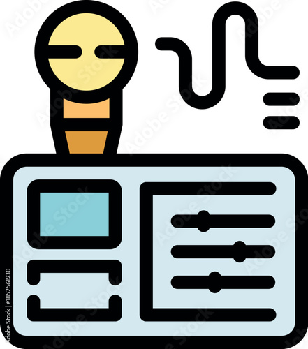 Studio microphone recording audio with a digital mixer, sound wave, sliders and buttons, ideal for podcasting, broadcasting or music production