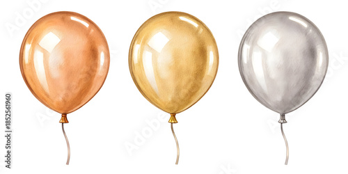 Three metallic watercolor balloons isolated on a transparent background