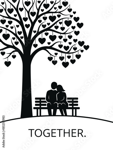 A silhouette of a tree with hearts and a couple on a bench