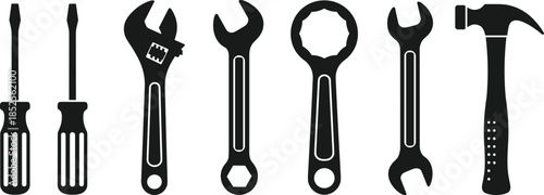 Hand tool icons set with wrench screwdriver hammer silhouettes isolated on white background for construction repair maintenance design industrial illustration