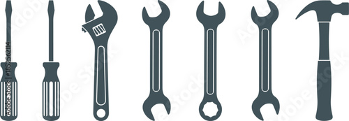 Hand tools set illustration, screwdriver wrench spanner hammer icons, construction repair equipment collection, isolated flat design, maintenance toolkit graphic