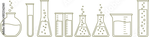 Laboratory glassware line illustration, chemistry experiment equipment icons, beakers flasks test tubes scientific research outline vector set minimal clean design