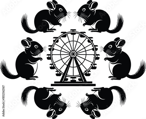 Chinchilla Ferris wheel silhouette vector, whimsical animal design, circular composition, black icons, amusement park artwork, isolated clipart