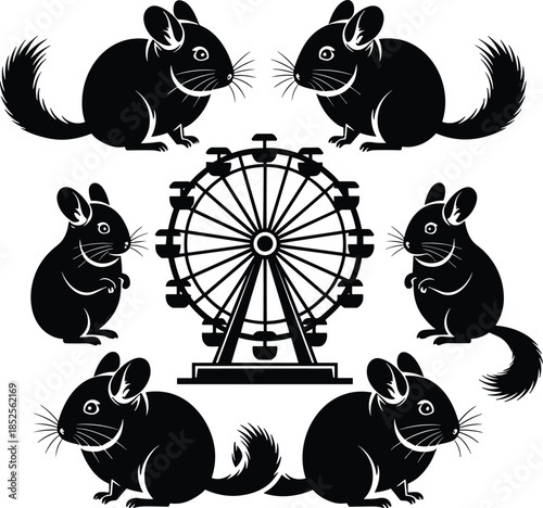 Chinchilla Ferris wheel silhouette vector, playful animal design, symmetrical layout, black icons, amusement park artwork, isolated clipart