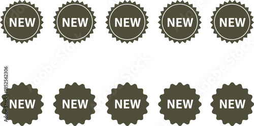 New product badge collection, modern sale labels, starburst stickers, circular tags, promotional icons set, flat design, isolated on white background