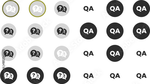Quality assurance QA icons set, question answer chat symbols, circular interface badges, customer support concept, modern flat design illustrationQuality assurance QA icons set 